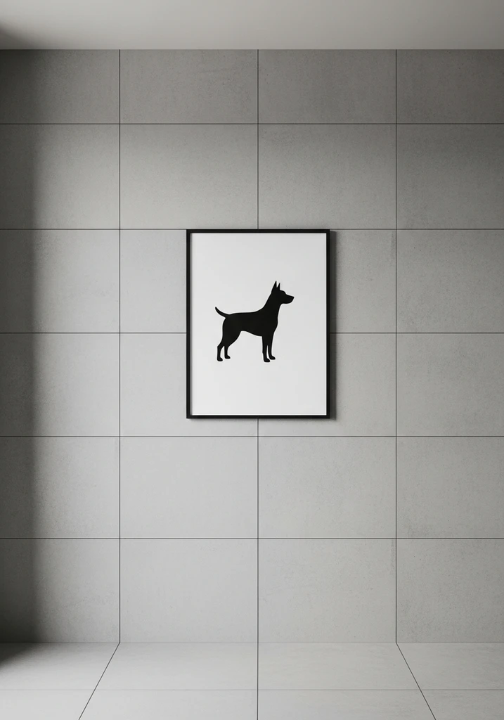 Modern bathroom with minimalist black dog silhouette wall art
