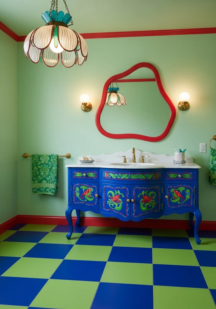 Whimsical bathroom with painted vanity and checkerboard floor