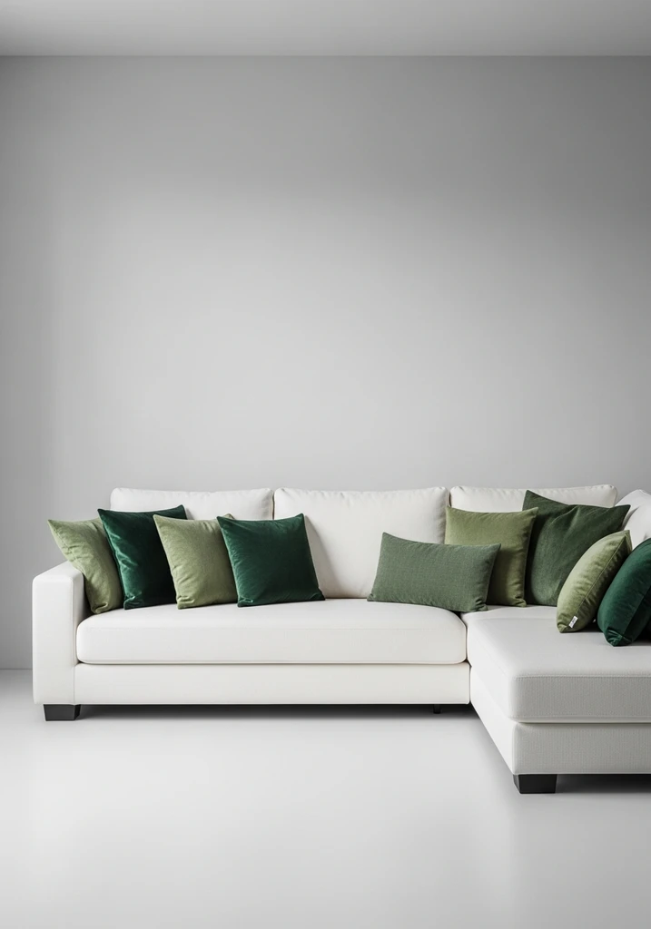 White sectional sofa with green throw pillows