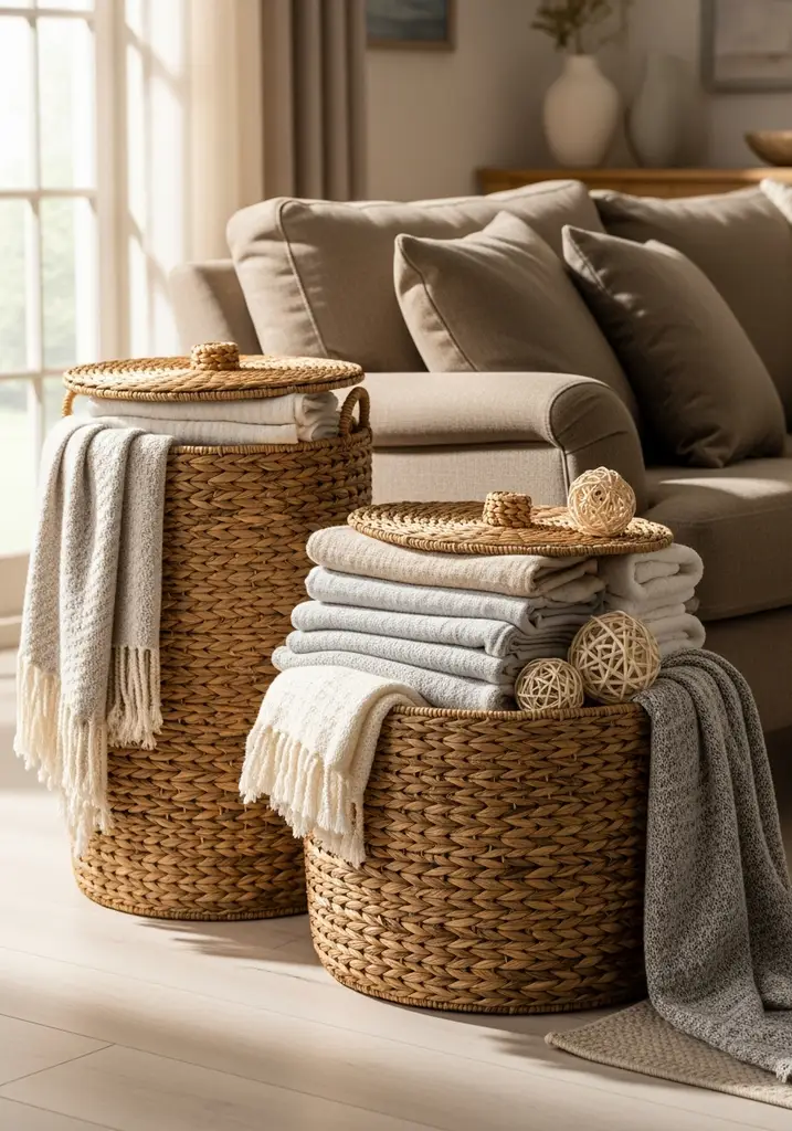 Large woven wicker storage baskets near sofa