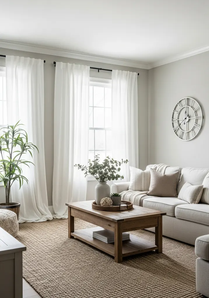 Long flowing white linen curtains on large living room windows