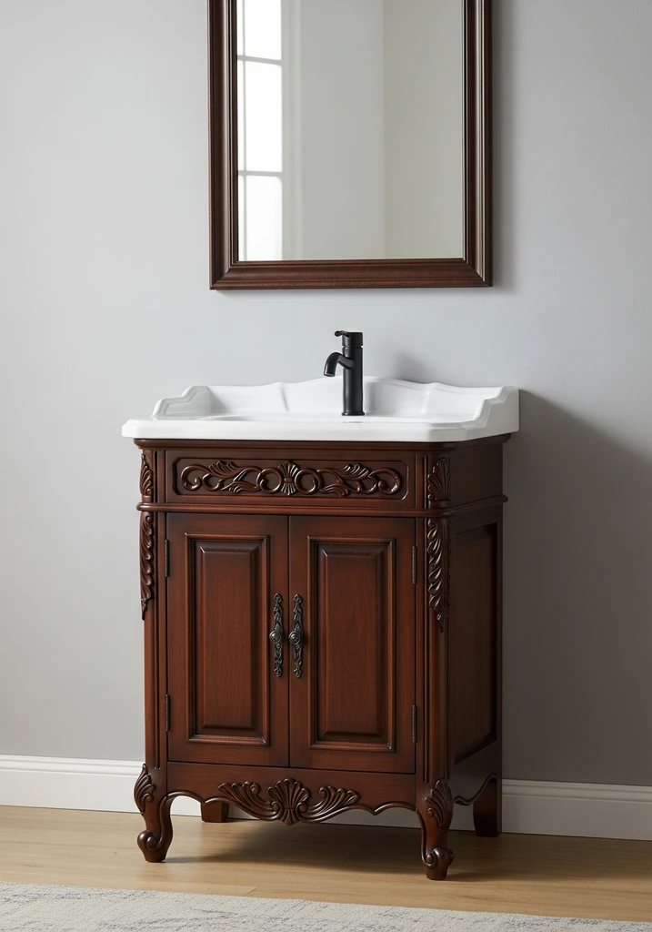 Dark wood vanity with carved details and white basin