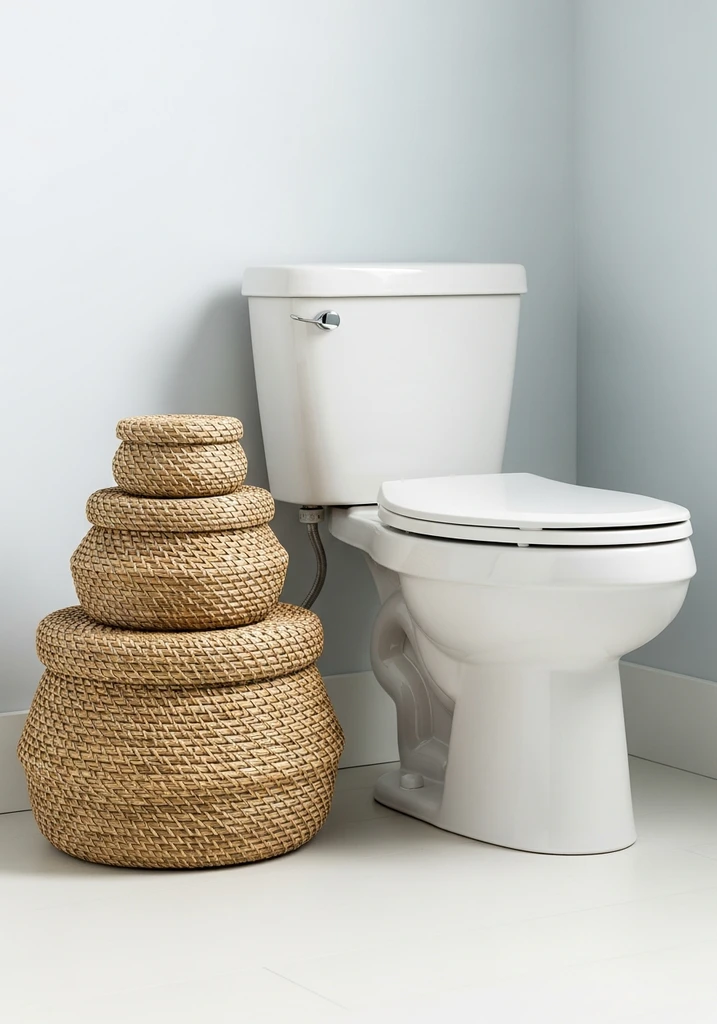 Bathroom corner with woven storage baskets next to a white toilet