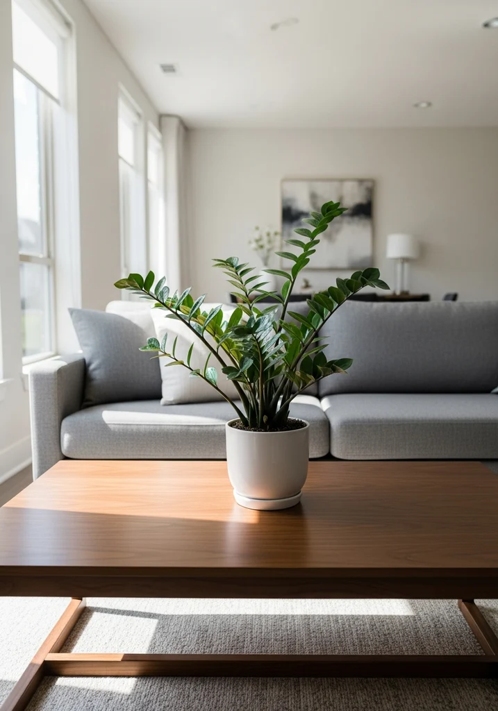 Sleek ZZ Plant in a white ceramic pot on a dark wood coffee table in a modern living room