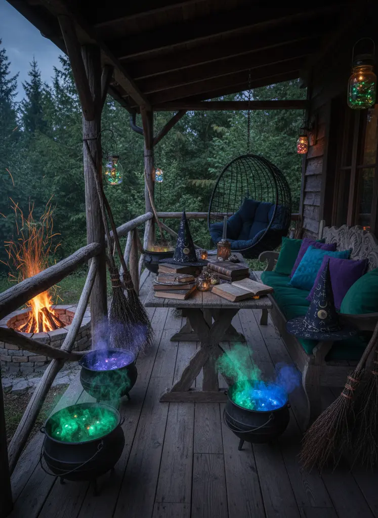 Witch's lair porch with cauldrons, broomsticks, spell books, colorful cushions, and a fire pit