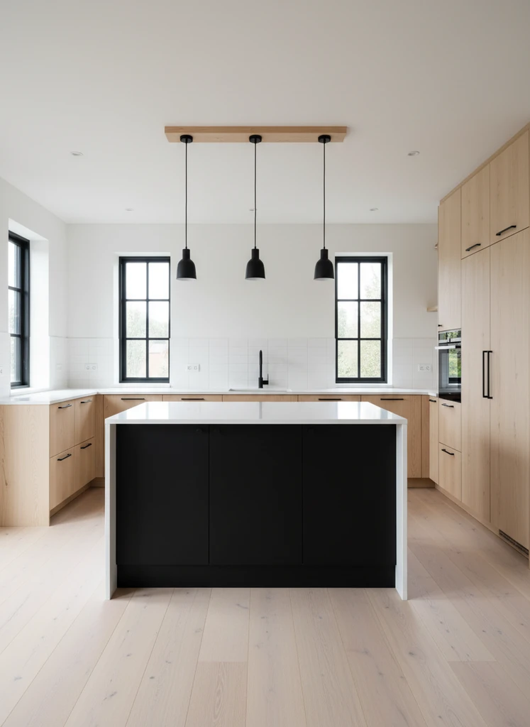 Modern Scandinavian kitchen with Black Island and Wood cabinets