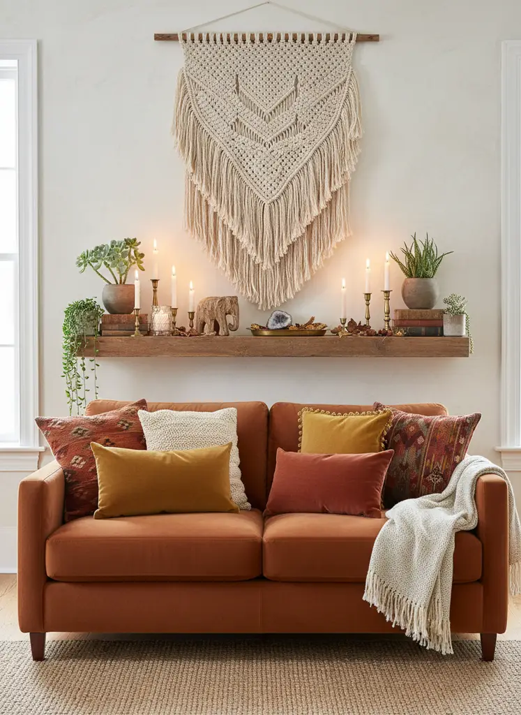 Bohemian fall mantel with macrame, candles, and succulents
