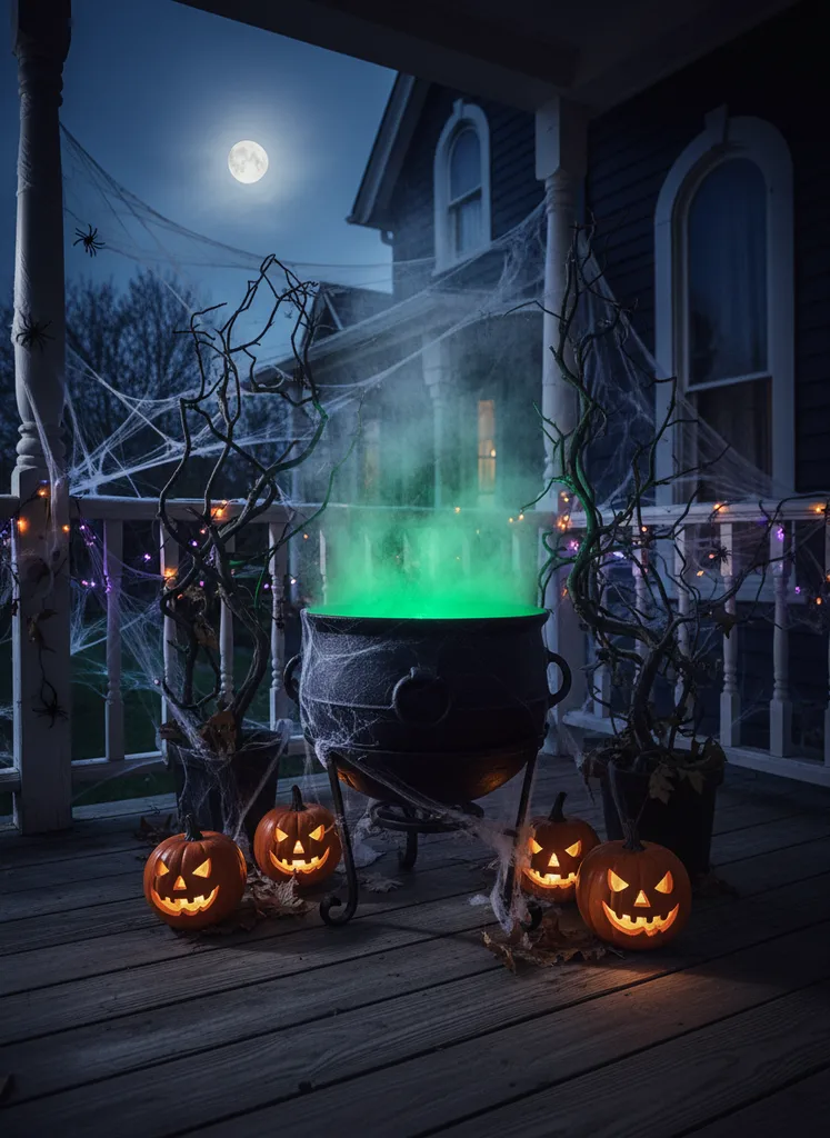Black cauldron with green lights and fog, surrounded by Halloween decorations