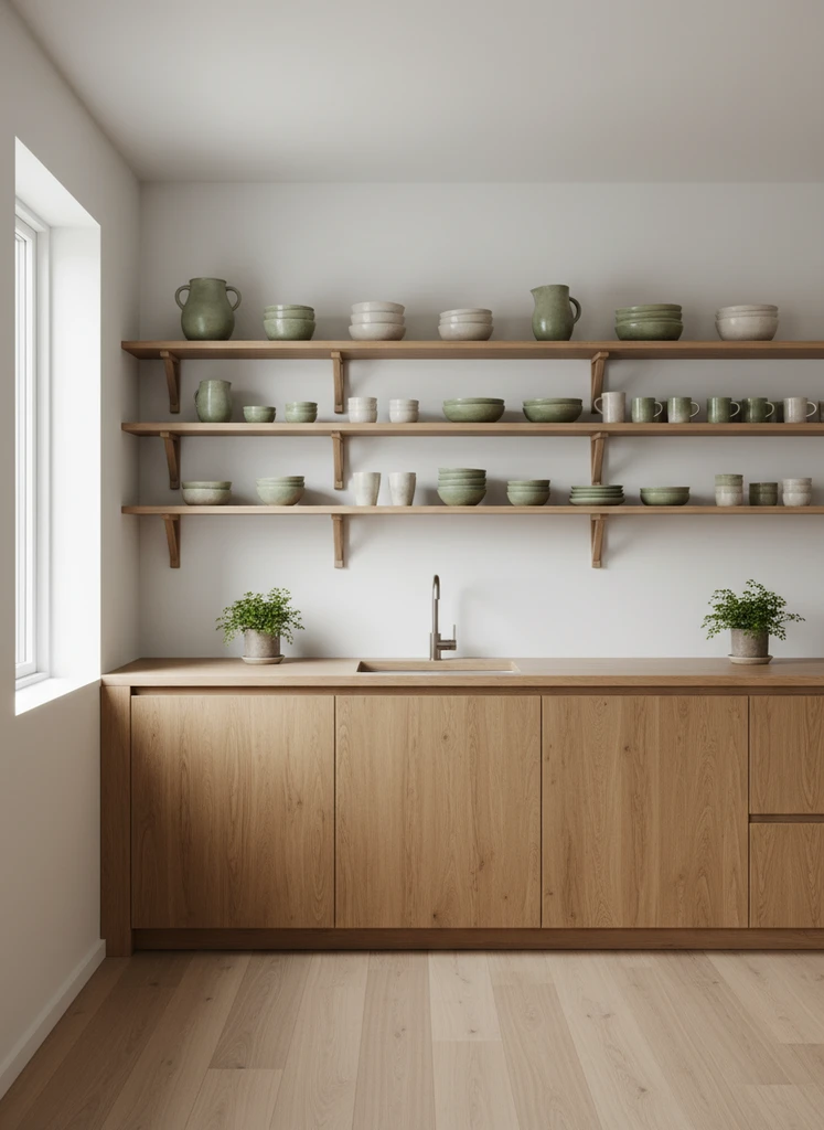 Scandinavian kitchen with open shelves, ceramic, earthenware