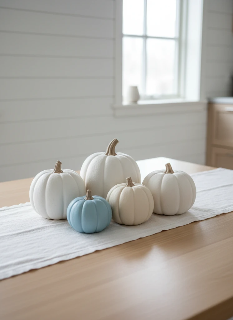 Ceramic pumpkins in white, cream, and blue on a table