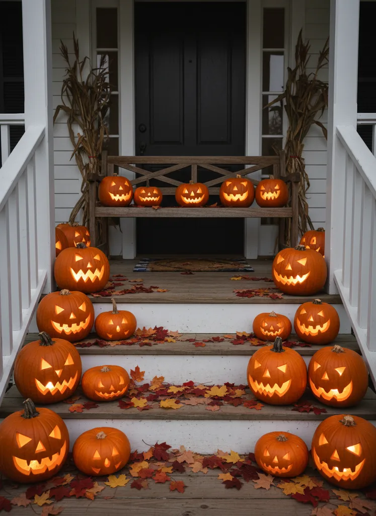 Front porch with classic carved jack o'lanterns and autumn leaves