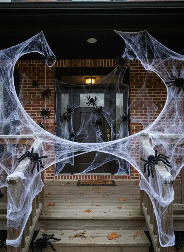 Suburban porch draped in white synthetic cobwebs and large black spiders
