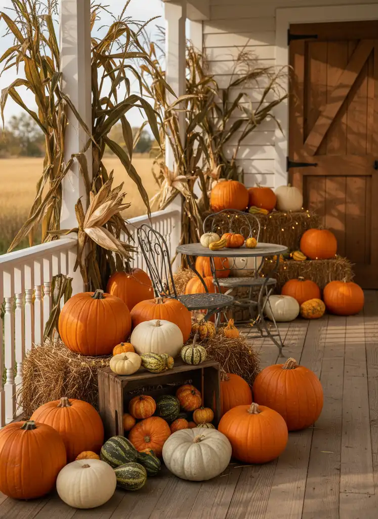 Farmhouse porch with abundant pumpkins, gourds, cornstalks, and hay bales