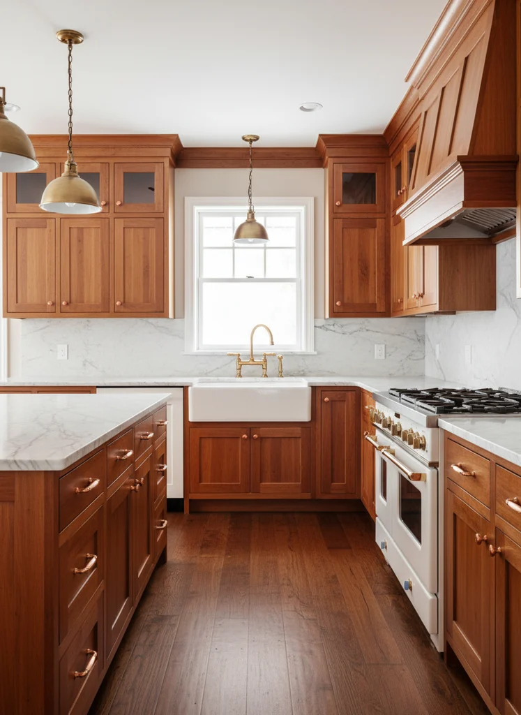 Traditional kitchen with Wood cabinets, Copper hardware, Brass faucet