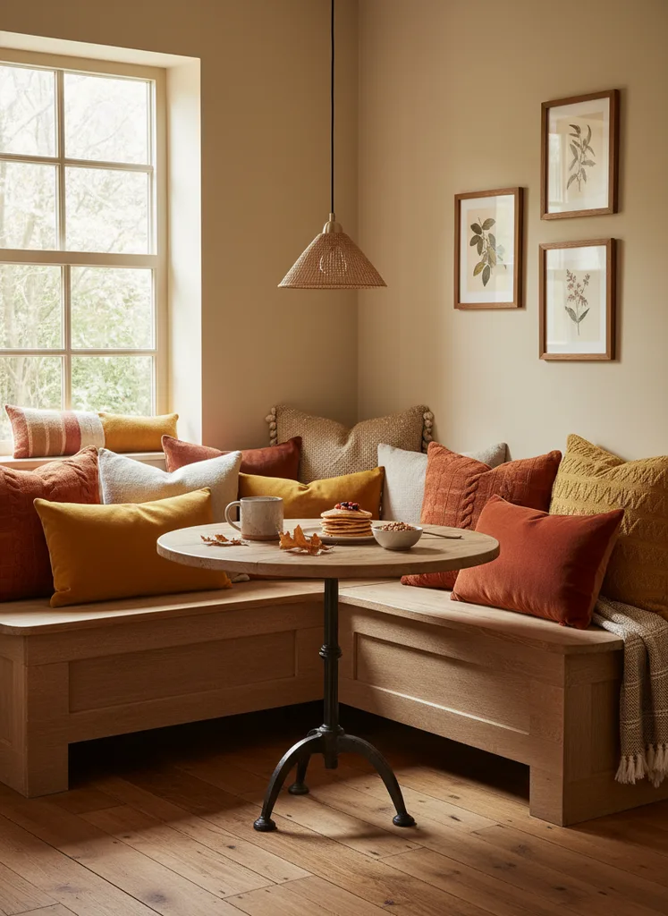Cozy kitchen breakfast nook with autumn colored pillows