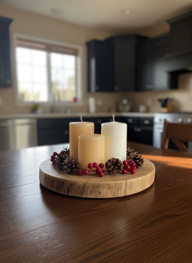 Candle cluster with berries and pinecones on a wood tray