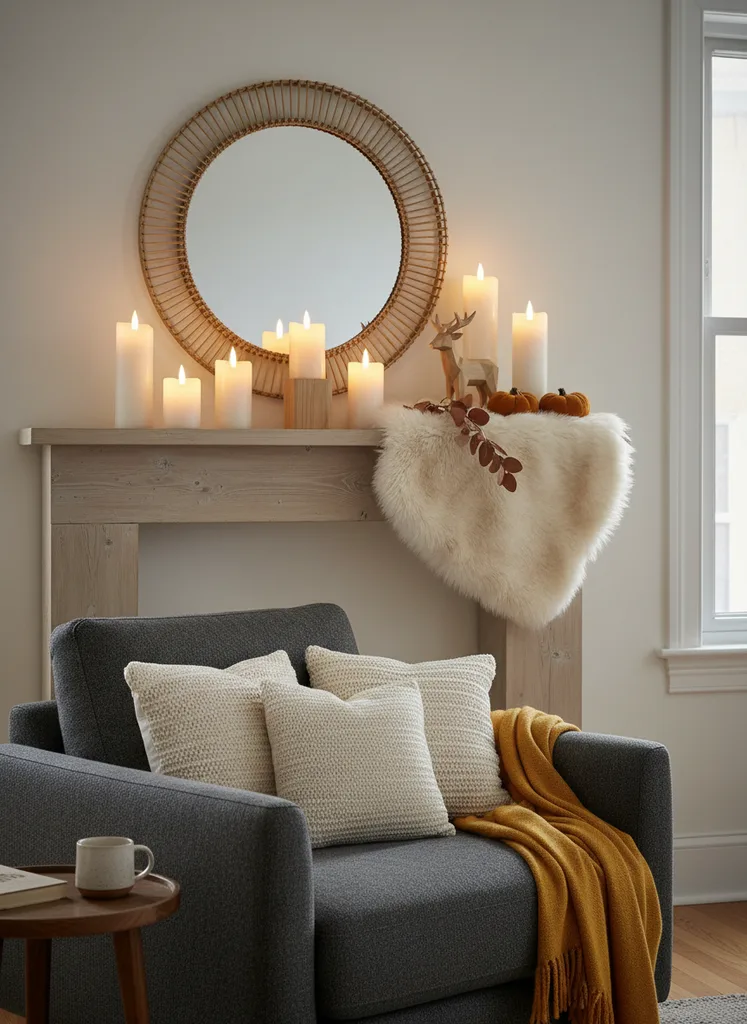 Hygge inspired fall mantel with candles and soft textures