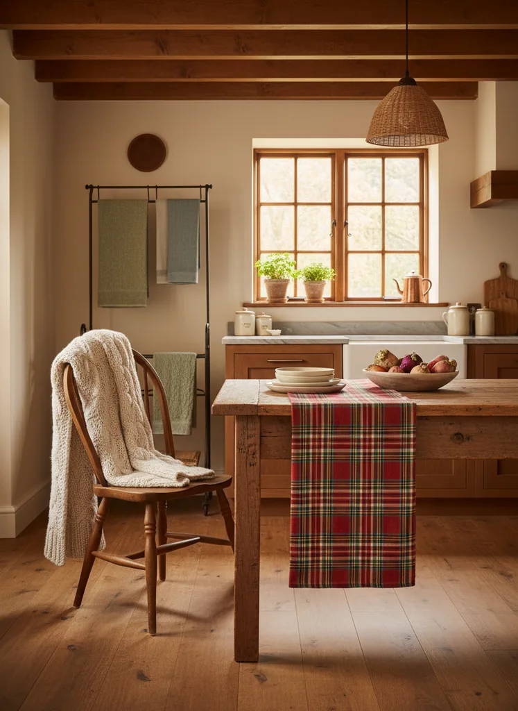 Kitchen with plaid table runner, linen towels, knit throw