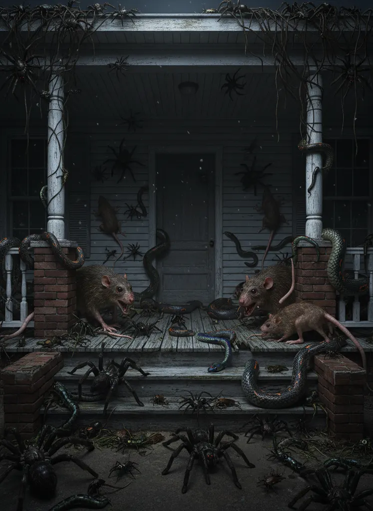 Creepy crawly critter invasion on a porch with oversized spiders, snakes, and rats