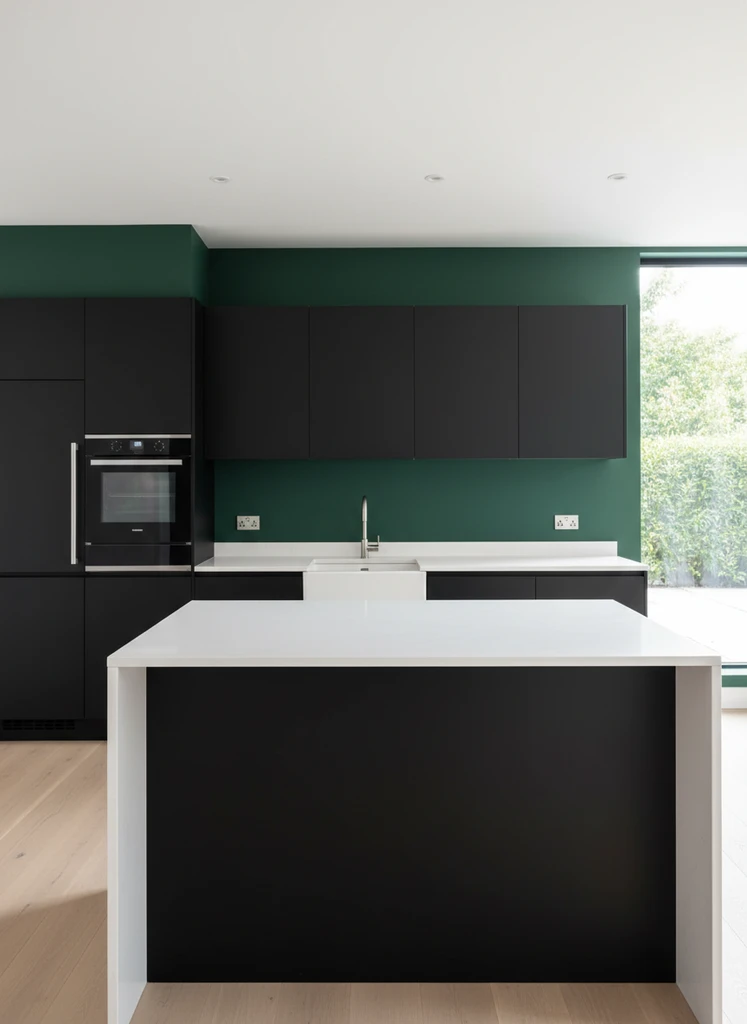Contemporary kitchen with deep Green accent wall and Black cabinets