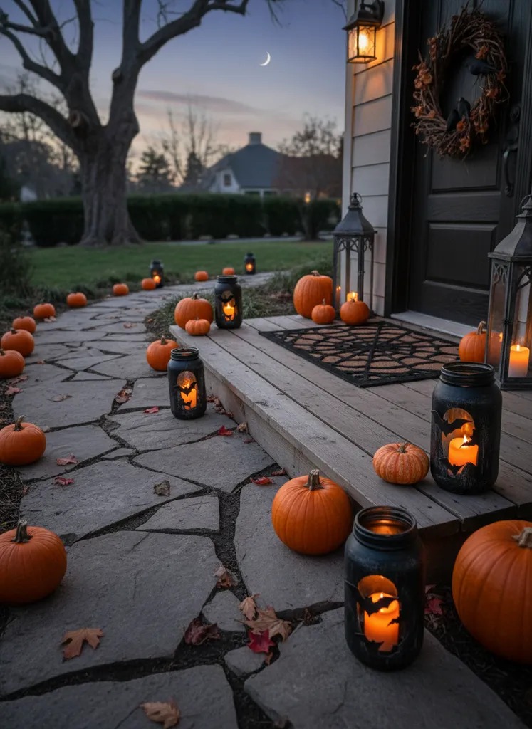 Pathway and porch lit by DIY gothic lanterns with bat silhouettes
