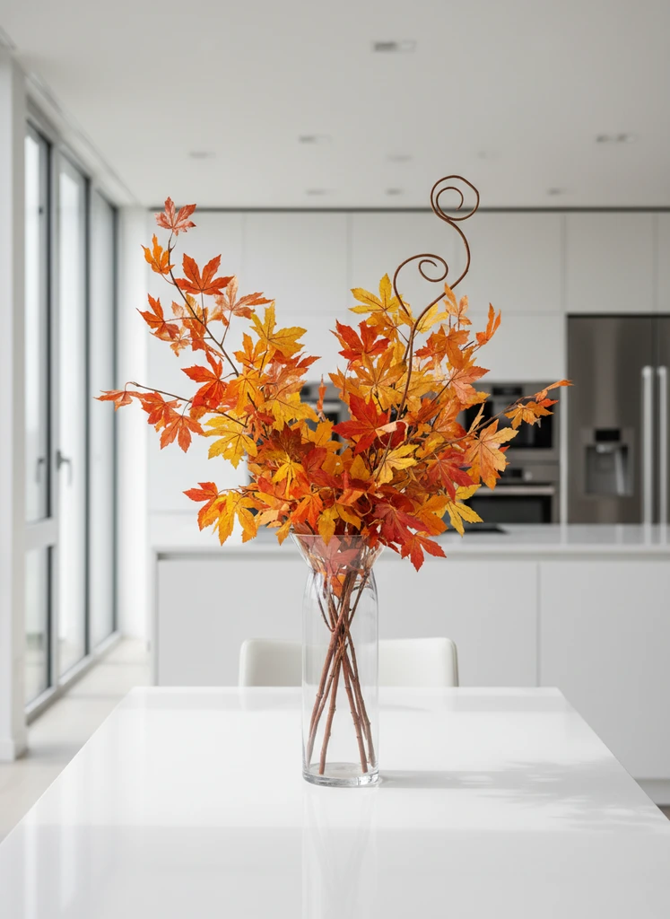 Tall glass vase with autumn branches on a kitchen table