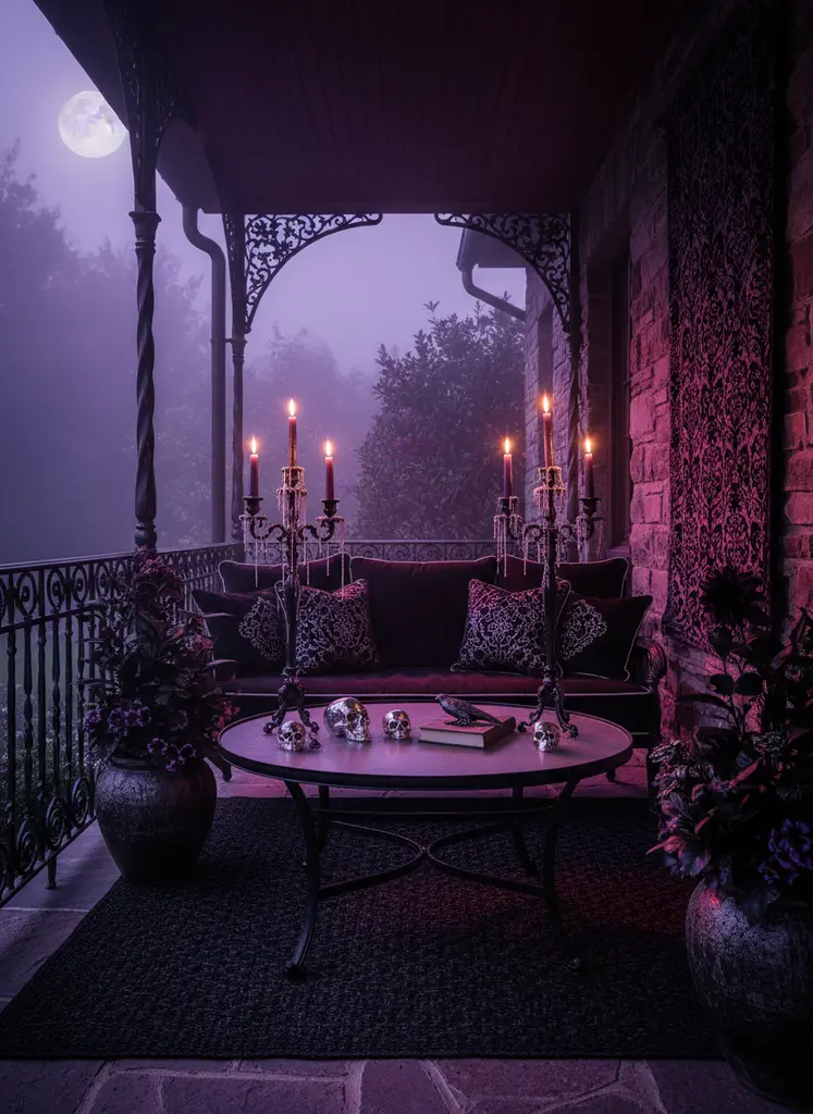 Gothic glamour porch with velvet cushions, candelabras, and purple lighting on an outdoor sofa