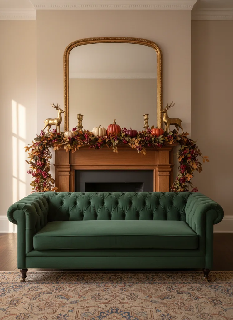 Elegant traditional fall mantel with brass accents and lush garland