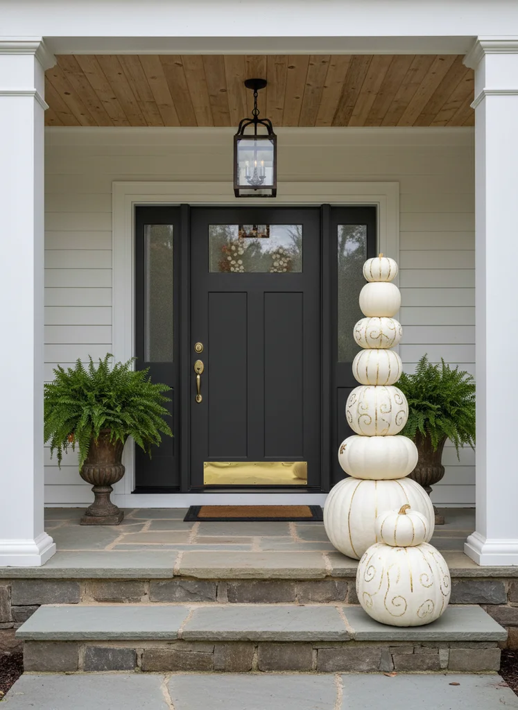Elegant stack of white pumpkins on a porch step