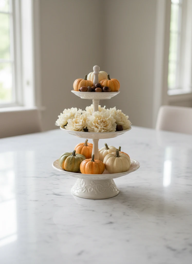Tiered ceramic cake stand with gourds and flowers