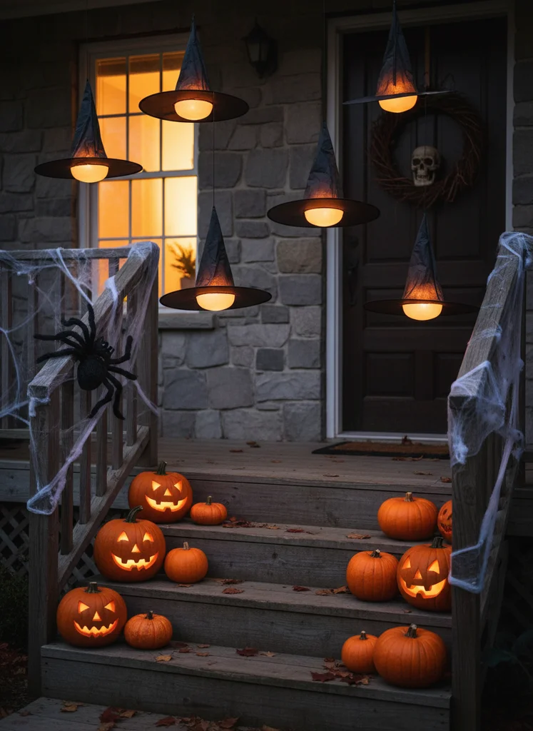 Black witch hats suspended and glowing above a Halloween porch