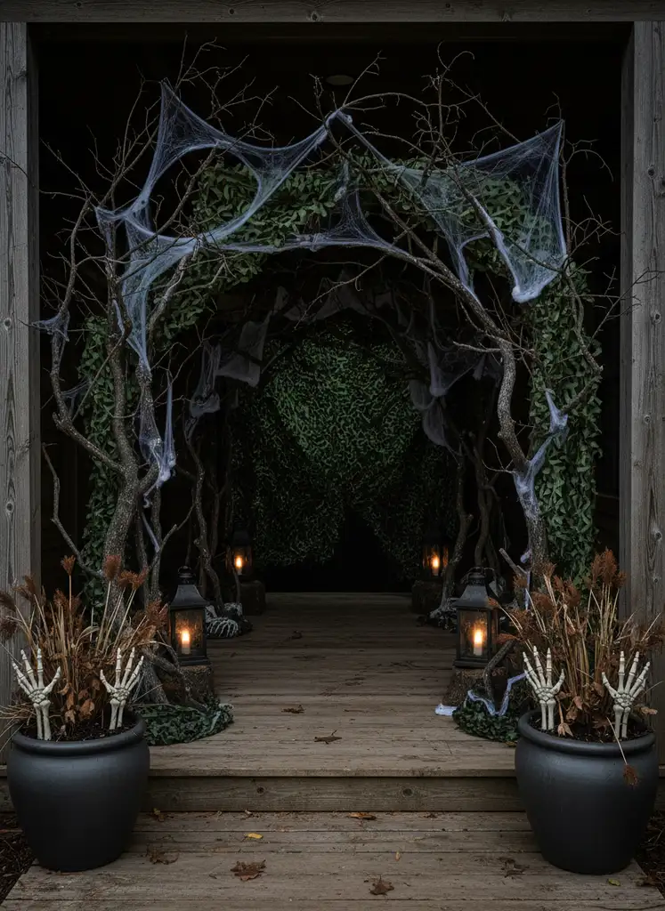 Haunted forest porch with twisted branches, cobwebs, green netting, and skeletal hands in planters