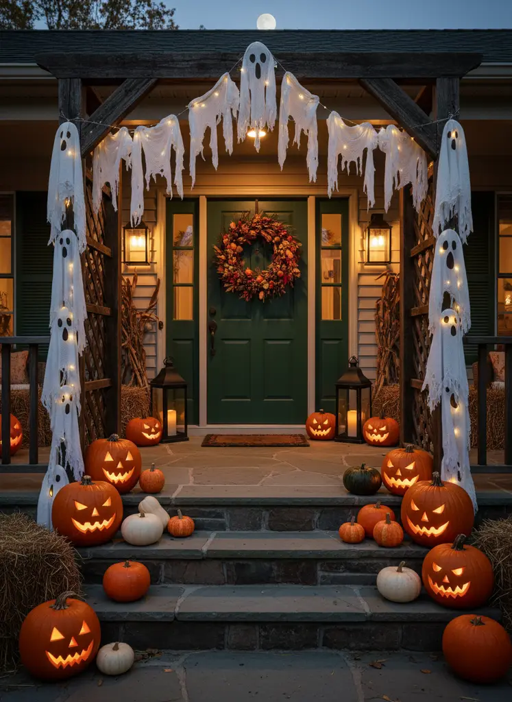 Porch archway with white fabric ghost garland and fairy lights