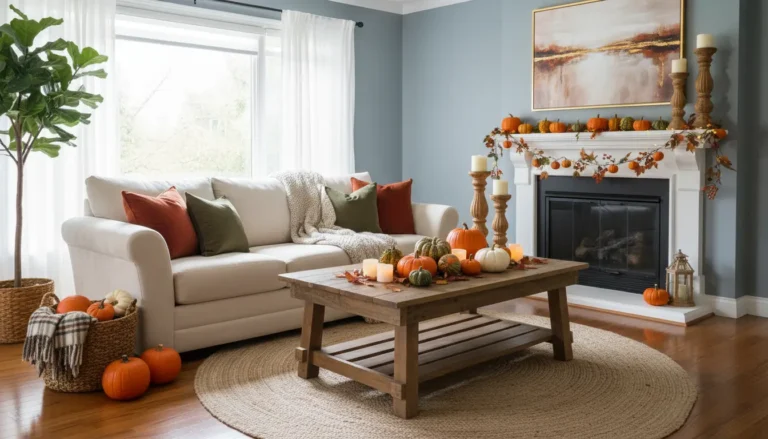 Halloween porch with pumpkins, cornstalks, and warm lights
