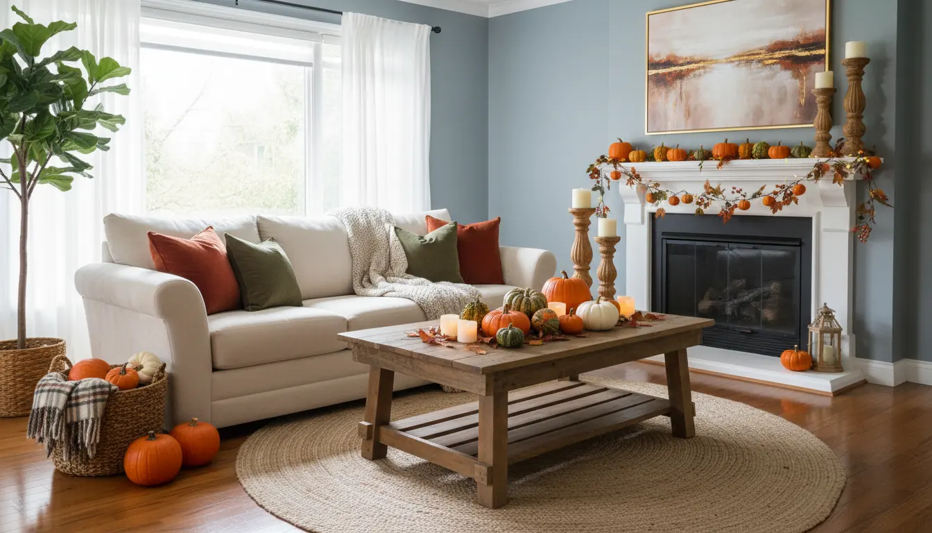 Halloween porch with pumpkins, cornstalks, and warm lights