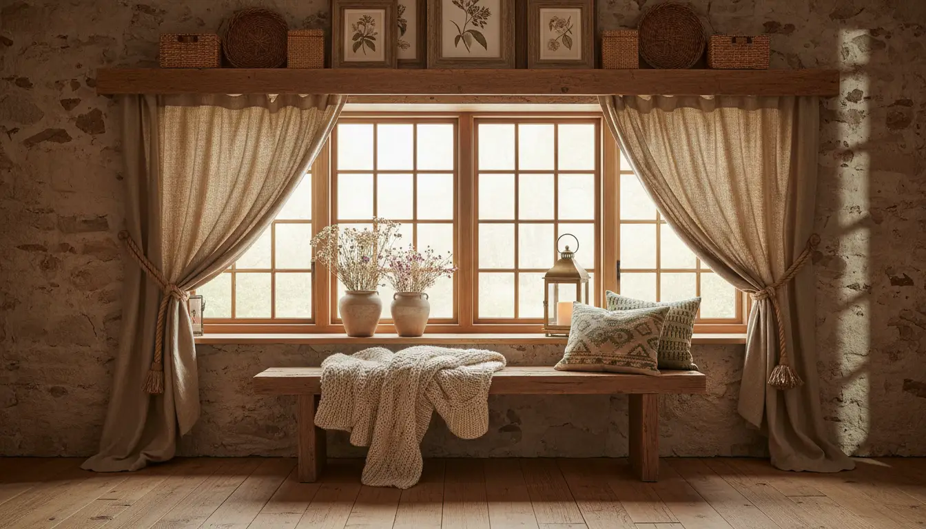 Cozy fall kitchen window with pumpkins, amber bottles, and dried wheat on a white sill