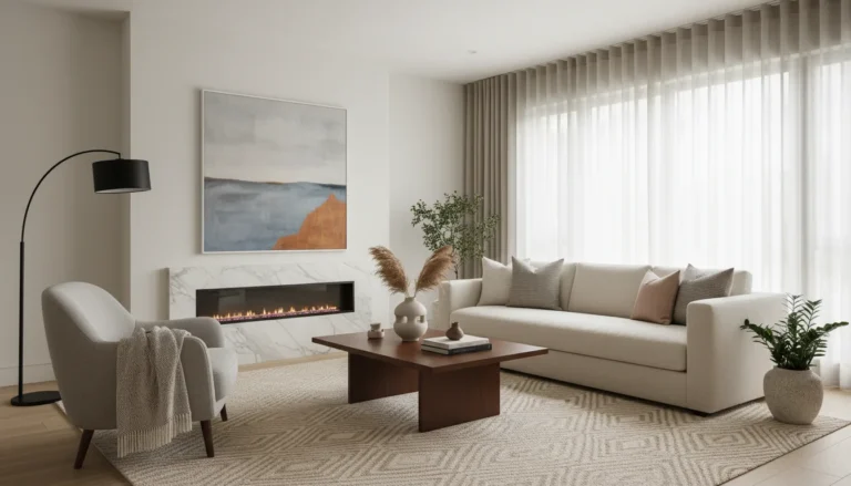 Cozy fall living room mantel with pumpkins, leaves, and warm decor