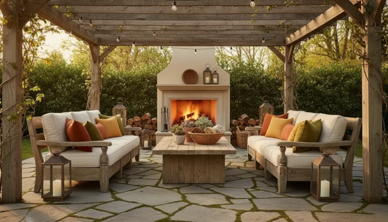 Elegant Halloween porch with dark wood, ornate planters, velvet sofa, and purple lighting