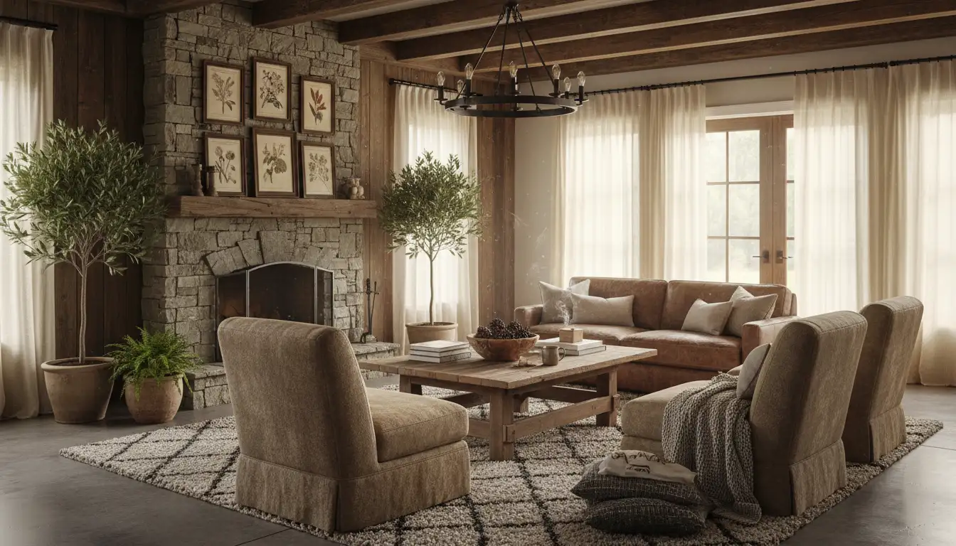 Cozy Farmhouse kitchen with autumn decor, wood tones, and warm lighting