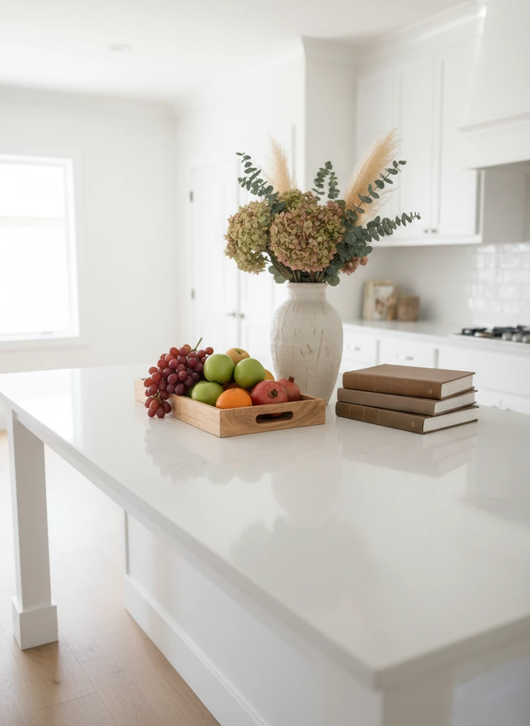 Kitchen island with wooden tray, seasonal fruits, dried flowers