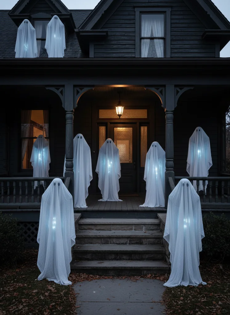 Ghostly apparitions made of sheer fabric with internal LED lights on a porch