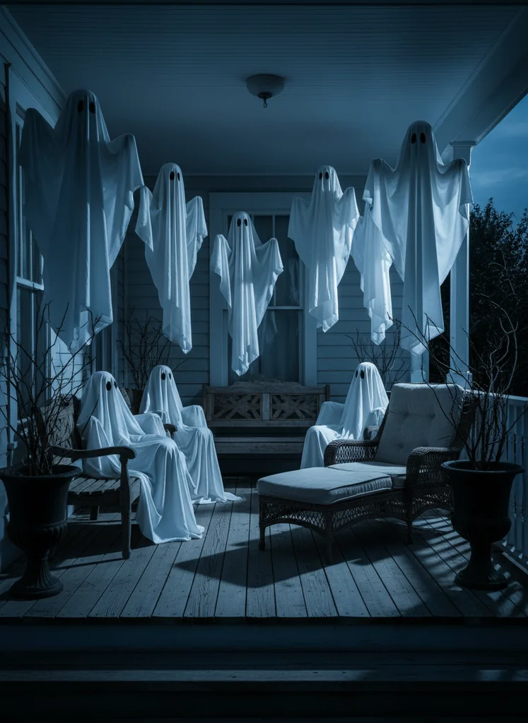 Ghostly porch with white sheet ghosts, benches, lounge chairs, and cool white lighting