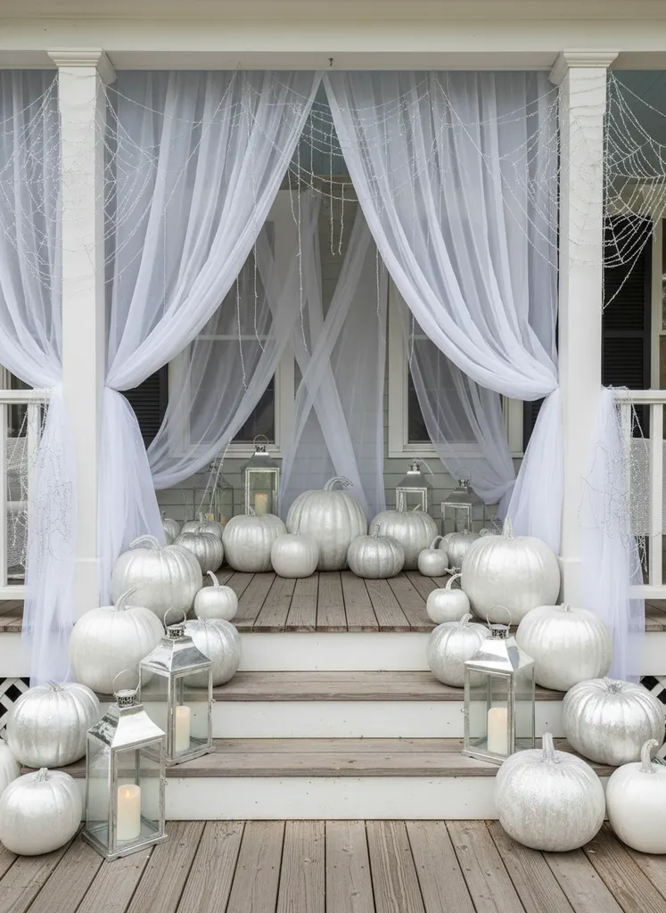 Ethereal porch with white and silver pumpkins and drapes