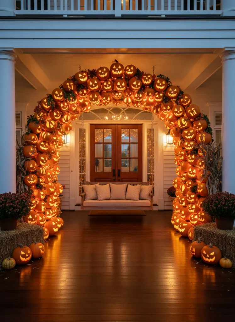 Grand porch with glowing pumpkin archway