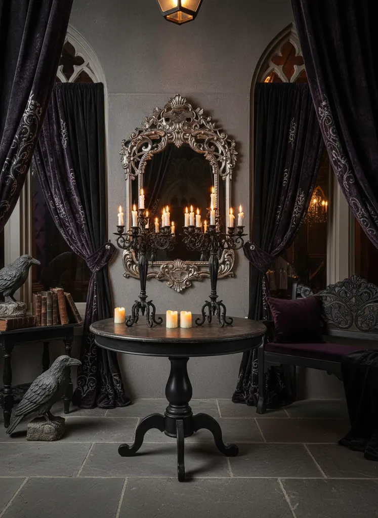 Gothic grandeur porch decor with dark drapes, candelabras, and antique mirror