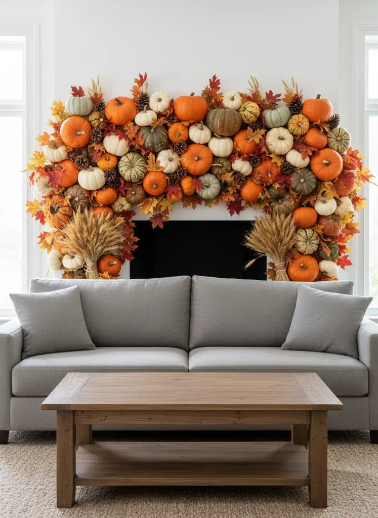 Harvest bounty fall mantel with pumpkins, gourds, and leaves