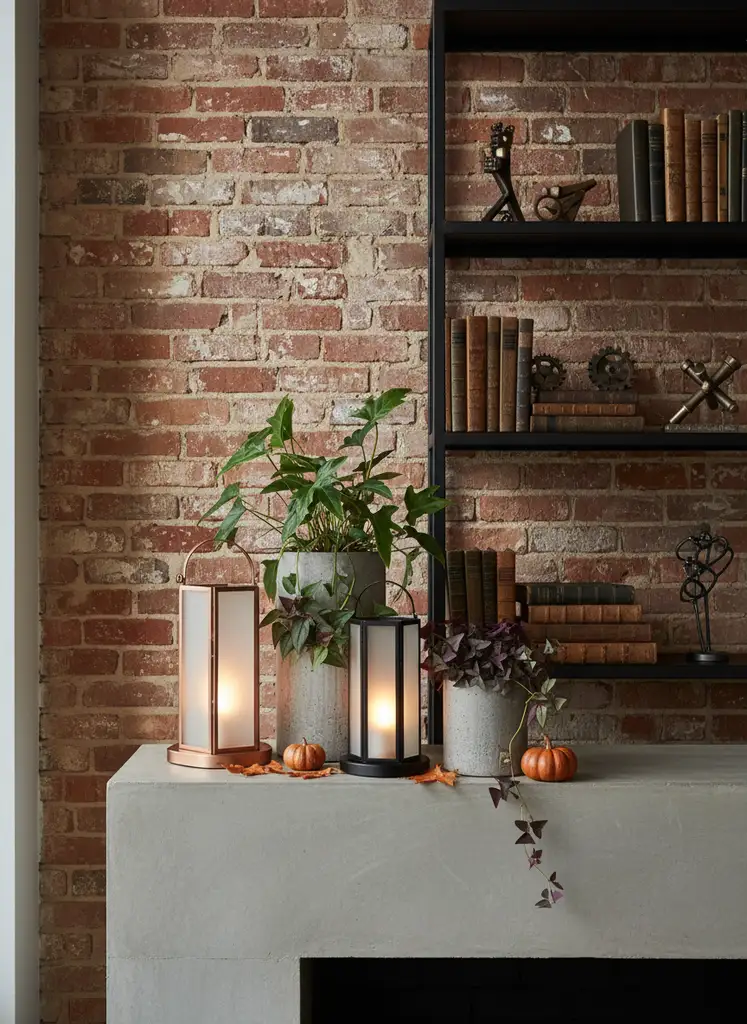 Industrial chic fall mantel with metal lanterns and concrete planters