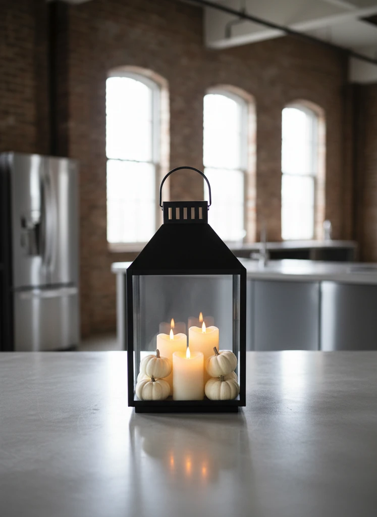 Industrial black metal lantern with white pumpkins and candles