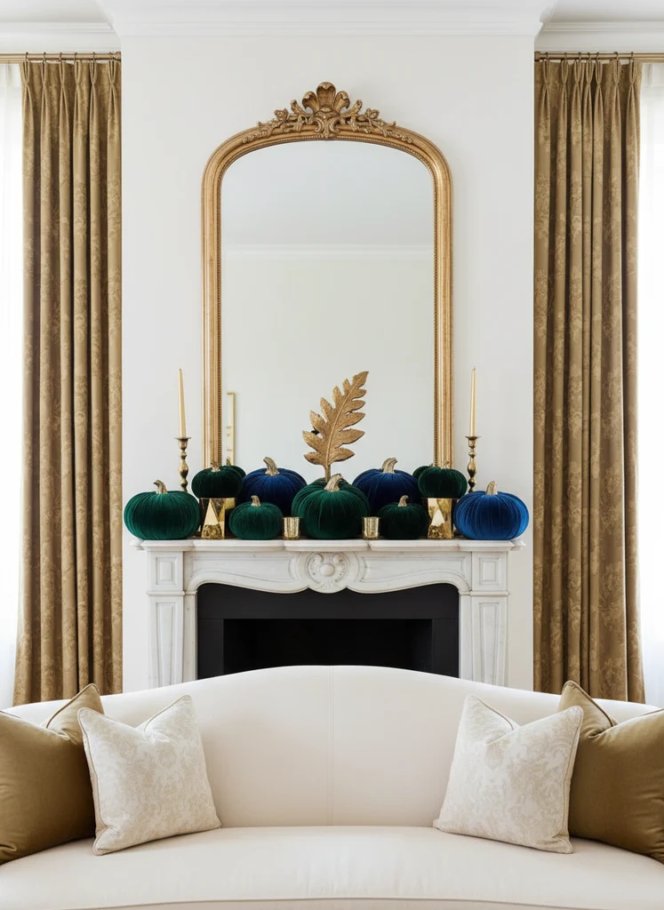 Jewel toned glamorous fall mantel with velvet pumpkins