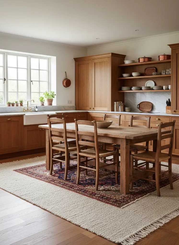 Cozy kitchen with layered rugs under a wooden dining table